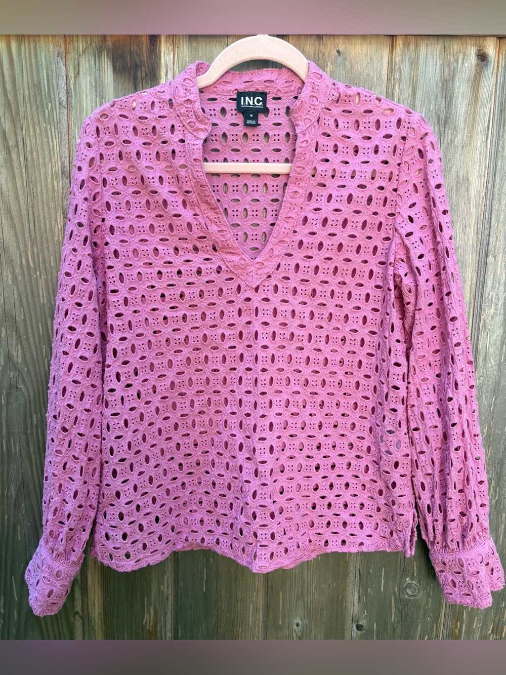 Womens Pink Cotton Eyelet Top Size M Coquette Boho Chic Cottage Core Resort Wear